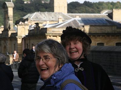 Saltaire guide and walker having fun